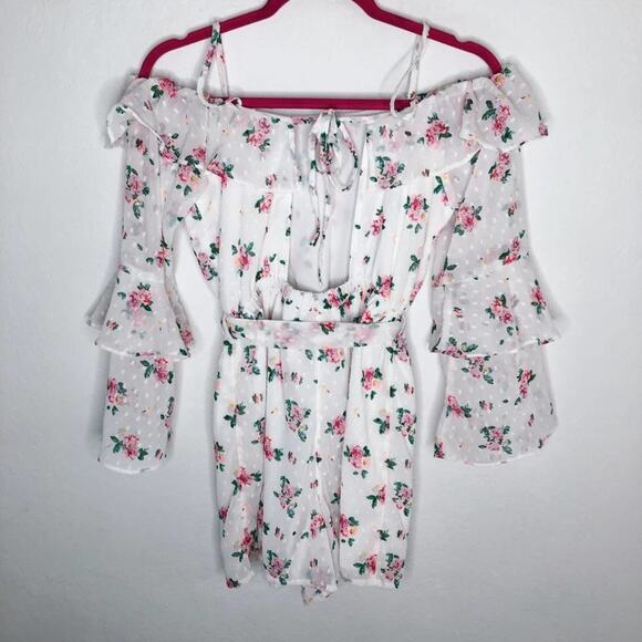 Topshop Floral Rose Swiss Dot Bardot Long Ruffle Sleeve Cold Shoulder Romper 6 - Picture 4 of 13